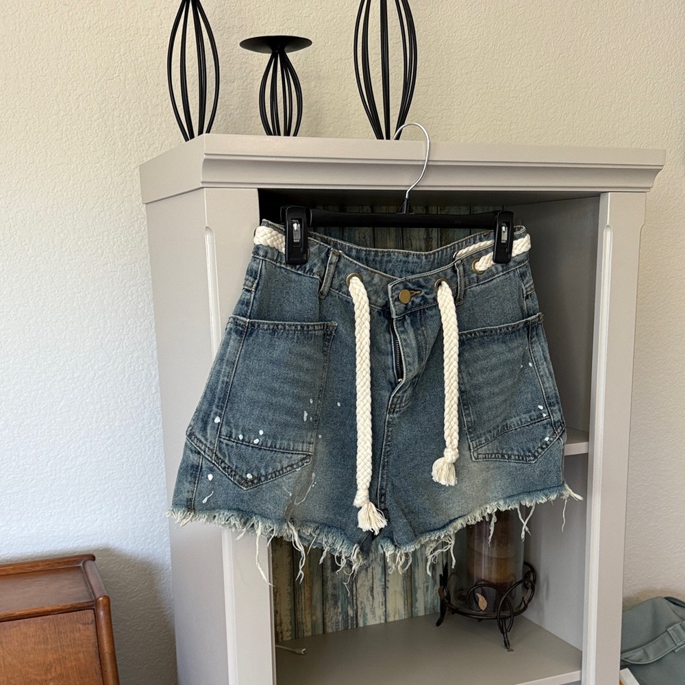 SHEIN Blue Jean Shorts with White Rope Detail